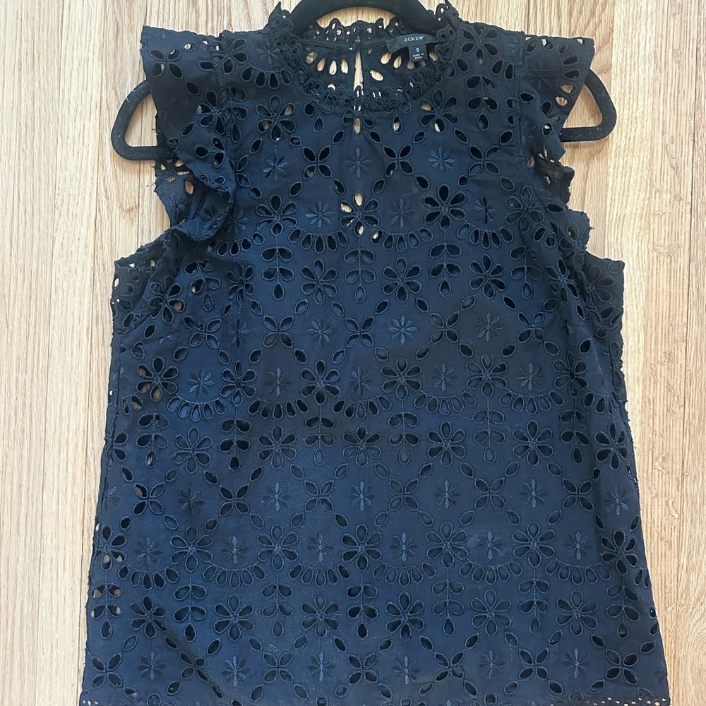 J. Crew Black Eyelet Ruffle Sleeve Blouse